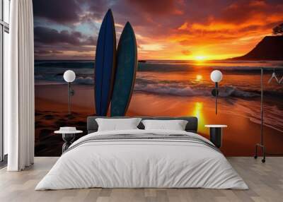 two 2 surfboards standing vertical in silhouette on a beach in hawaii at sunset, Stunning Scenic World Landscape Wallpaper Background Wall mural