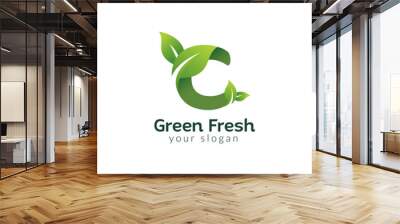 Eco green letter C logo design template. Green alphabet vector design with green and fresh leaf illustration. Wall mural