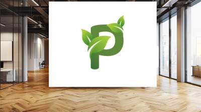 Eco green letter P logo design template. Green alphabet vector design with green and fresh leaf illustration. Wall mural