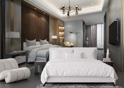 3d rendering beautiful luxury bedroom suite in hotel with tv and working table  Wall mural