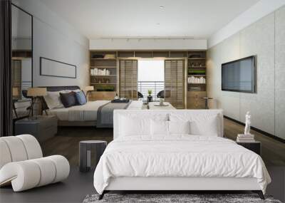 3d rendering beautiful luxury bedroom suite in hotel with tv Wall mural