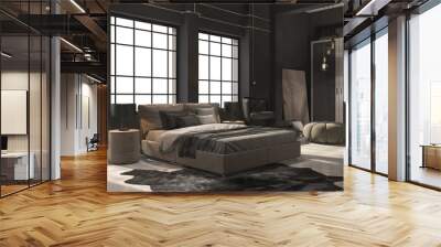 3d rendering loft bedroom with beige wood floor Wall mural