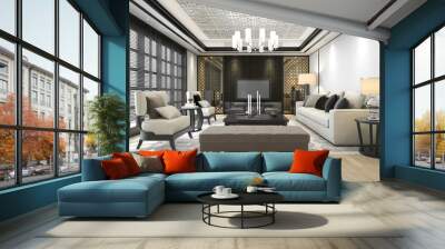 3d rendering luxury and modern living room with chandelier Wall mural