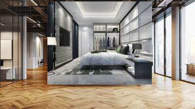 3d rendering luxury modern bedroom suite tv with wardrobe and walk in closet Wall mural