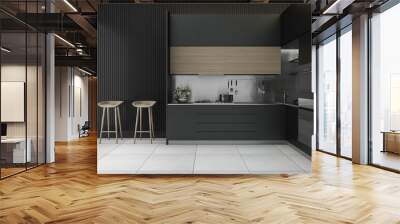 3d rendering modern dark wood kitchen with winter view Wall mural