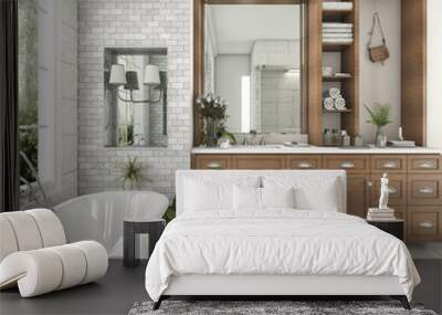 3d rendering wood and tile design bathroom near window with arc brick wall Wall mural