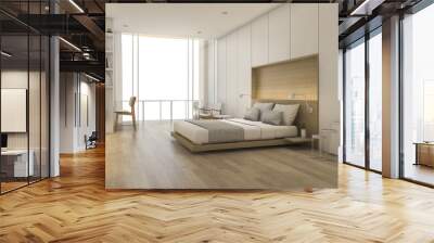 3d rendering wood minimal style bedroom with view from window Wall mural