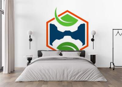 Hexagonal shape with gear and nature leaf Wall mural