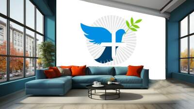 Pigeon with cross and nature leaf Wall mural