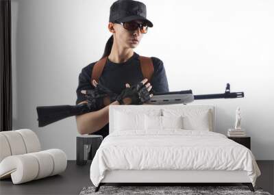 Officer woman with Kalashnikov machine gun Wall mural