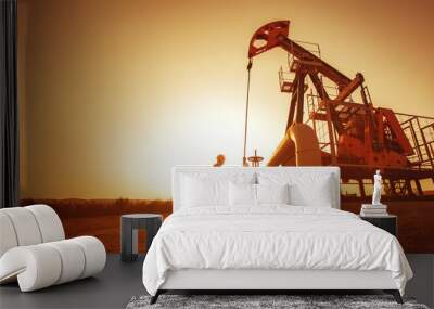 Oil worker is checking the pump near oil derrick on the sunset background. Wall mural