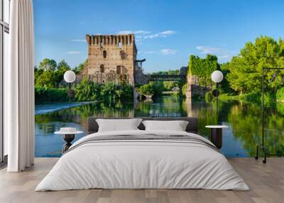 Visconti bridge of Valeggio sul Mincio at Borghetto with reflections in Mincio river, Italy Wall mural