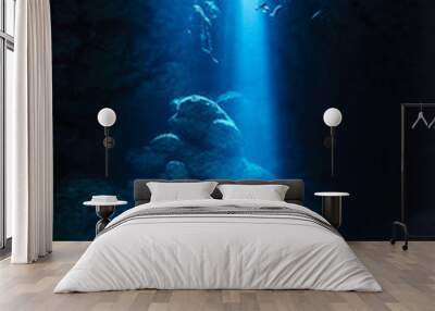 Sunbeam into the underwater cave Wall mural