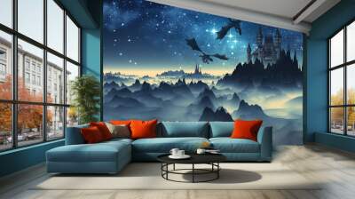 3D Created and Rendered fantasy Landscape with Dragons and a Castle Wall mural