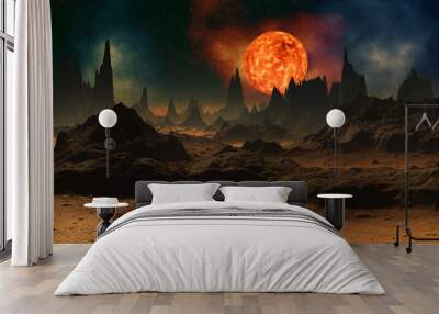 3D Rendered Fantasy Alien Planet near a Sun - 3D Illustration Wall mural