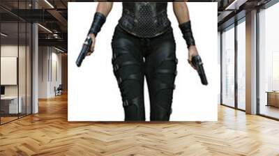 3D Rendered Female Redhead In Fighting Pose on Transparent Background Wearing Black Leather Suit and Weapon - 3D Illustration Wall mural