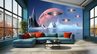 Alien World, fantasy alien planet with mountains, water and UFOs Wall mural