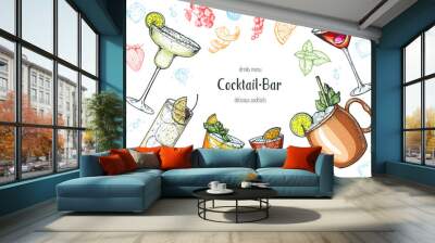 Alcoholic cocktails hand drawn vector illustration. Cocktails set. Menu design elements. Wall mural