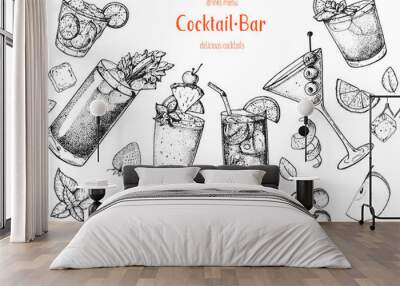 Alcoholic cocktails hand drawn vector illustration. Cocktails sketch set. Engraved style. Caipiroska, bloody mary, singapore sling, long island iced tea, martini, man tai. Wall mural