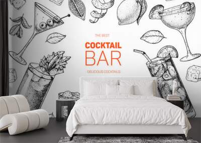 Alcoholic cocktails hand drawn vector illustration. Cocktails sketch set. Engraved style. Wall mural