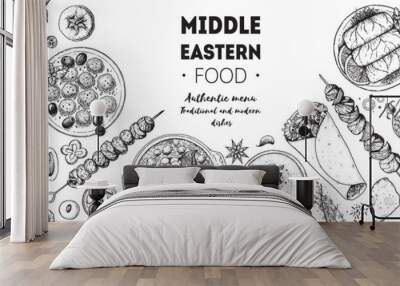 Arabic food top view frame. Food menu design. Vintage hand drawn sketch vector illustration. Arabian cuisine frame. Middle eastern food. Wall mural