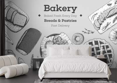 Bakery background. Bakery top view frame. Hand drawn sketch with bread, pastry, sweet. Bakery set vector illustration. Background design template . Engraved food image. Black and white package design. Wall mural