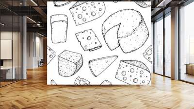 Cheese seamless pattern. Hand drawn vector illustration. Vintage food background. Engraved style. Different cheese kinds background. Wall mural