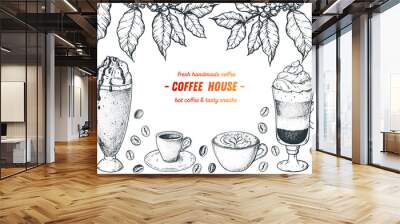 Coffee cups, beans and coffee tree illustration. Vintage design for coffee shop. Engraved vector illustration Wall mural