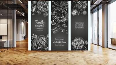 Family dinner banner set, vector illustration. Friendly dinner table. Food menu. Engraved style banner collection. Hand drawn sketch, design template. Wall mural