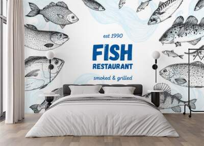 Fish sketch collection. Hand drawn vector illustration. Seafood frame. Food menu illustration. Hand drawn tuna, flounder, cod fish, herring, rainbow trout, mackerel, salmon, perch. Engraved style Wall mural