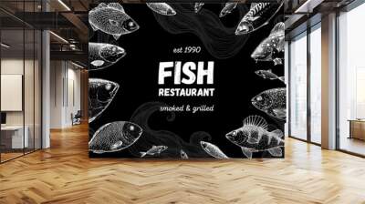 Fish sketch collection. Hand drawn vector illustration. Seafood frame. Food menu illustration. Hand drawn tuna, flounder, cod fish, herring, rainbow trout, mackerel, salmon, perch. Engraved style Wall mural