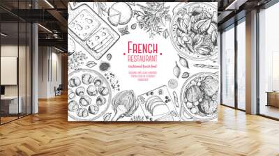 French cuisine top view frame. A set of classic French dishes with beef bourguignon, mussels, escargot, foie gras, cheese, artichoke . Food menu design template. Hand drawn sketch vector illustration. Wall mural