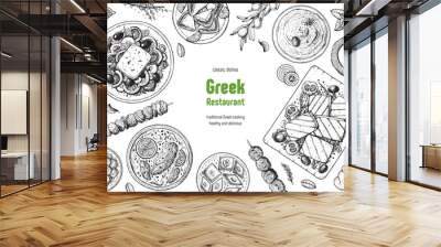 Greek cuisine top view frame. A set of greek dishes with greek salad, avgolemono soup, halloumi, taramosalata . Food menu design template. Vintage hand drawn sketch vector illustration. Engraved image Wall mural