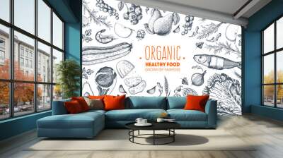 healthy food frame vector illustration. vegetables, fruits, meat hand drawn. organic food set Wall mural