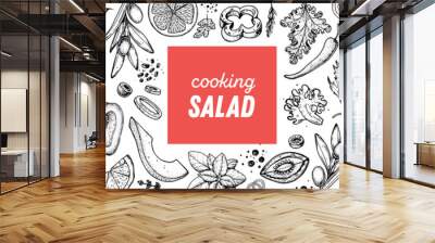 Healthy food illustration. Hand drawn sketch. Cooking salad. Vegan food. Vitamins and minerals for immunity. Engraved style. Black and white. Wall mural