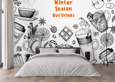 Hot drinks. Mulled wine, winter hot drink. Hand drawn sketch. Vector illustration. Christmas invitation design template. Sketch collection. Christmas bar menu. Mulled wine, coffee and tea. Wall mural