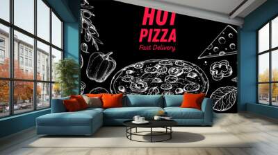 Italian pizza and ingredients. Italian food menu design template. Pizzeria menu design template. Vintage hand drawn sketch vector illustration. Engraved image. Wall mural