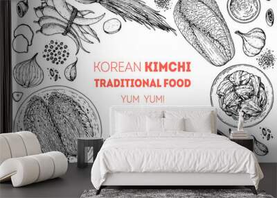 Kimchi cooking and ingredients for kimchi, sketch illustration. Korean cuisine frame. Healthy food, design elements. Hand drawn, package design. Asian food Wall mural