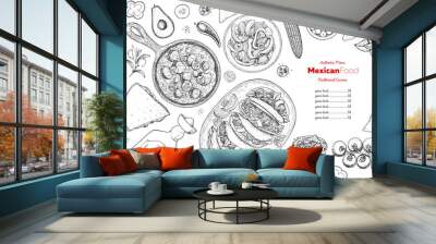 Mexican food top view frame. A set of classic mexican dishes with tacos, burrito, quesadillas, fajitas. Food menu design template. Vintage hand drawn sketch vector illustration. Mexican cuisine. Wall mural