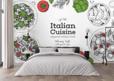 Pizza, pasta and ravioli cooking and ingredients for pizza, pasta and ravioli , sketch illustration. Italian cuisine frame. Food menu design elements. Pizza and pasta hand drawn frame. Italian food. Wall mural