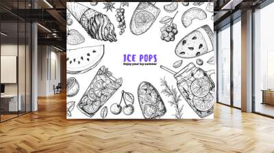 Popsicle ice cream, hand drawn vector illustration. Ice tea and ice cream. Summer food and drink. Sketch illustration for menu design. Ice pops collection. Wall mural