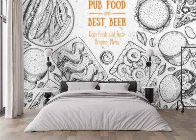 Pub food frame vector illustration. Beer, meat, pizza, fast food and snacks hand drawn. Food set for pub design top view. Vintage engraved illustration for beer restaurant for beer restaurant. Wall mural