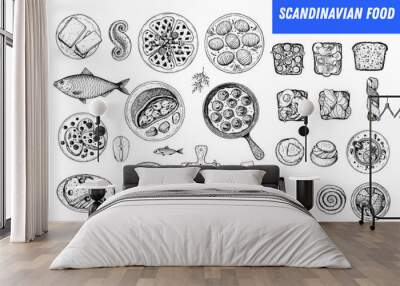 Scandinavian cuisine top view. Smorgasbord illustration. A set of Scandinavian dishes . Food menu design template. Vintage hand drawn sketch vector illustration. Engraved image Wall mural