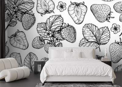 Seamless pattern with strawberries, leaves and strawberry flowers. Hand drawn sketch. Black and white style illustration. Vector illustration. Wall mural