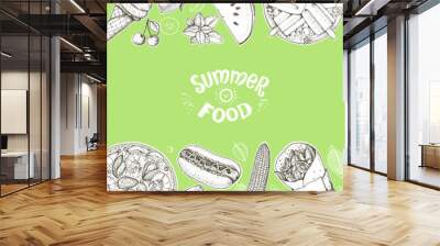 Summer food vector illustration. Variety food sketch collection. Top view engraved illustration. Wall mural