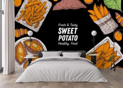 Sweet potato illustration. Batatas hand drawn vector illustration. Farm market food. Raw and cooked sweet potatoes hand drawn. Packaging design. Wall mural