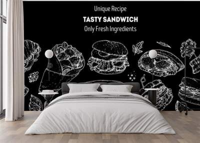 Tasty sandwich frame. Menu design template. Sandwich sketches. Unique recipe. Hand drawn vector illustration. Wall mural