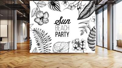 Tropical palm leaves design template. Floral illustration. Vector illustration leaves and flowers of palm frame. Tropical leaves and flowers collection. Botanical set vector illustration Wall mural