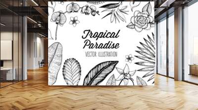 Tropical palm leaves design template. Floral illustration. Vector illustration leaves and flowers of palm frame. Tropical leaves and flowers collection. Botanical set vector illustration Wall mural