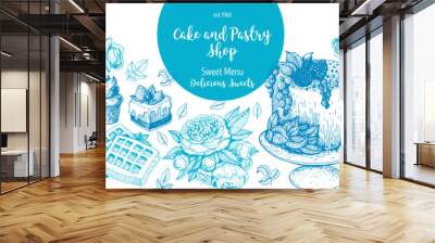 vector design with ink hand drawn cake, pie ice cream and wafers. vintage template for bakery menu o Wall mural